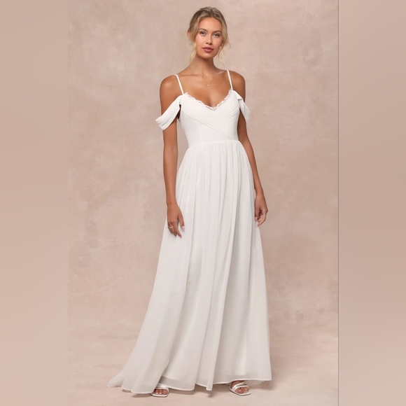Lulus Marcelyn White Pleated Cold-Shoulder Maxi Dress S Wedding Party Bridal - Picture 2 of 10